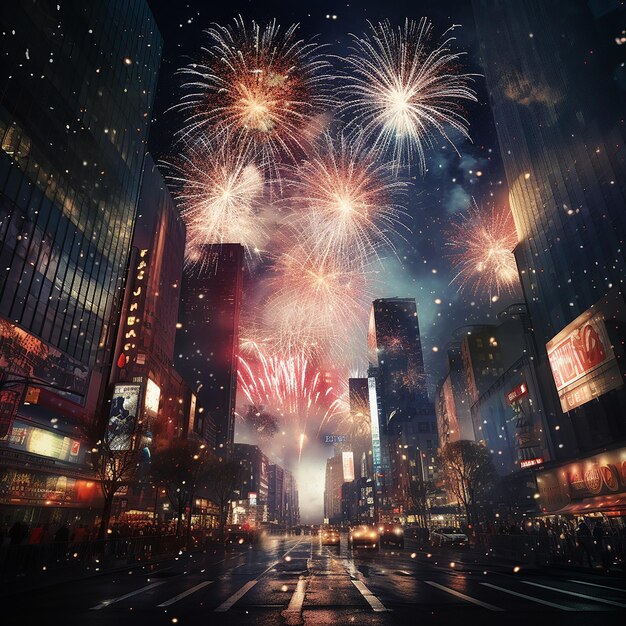 3d rendered photo of new year firework in city