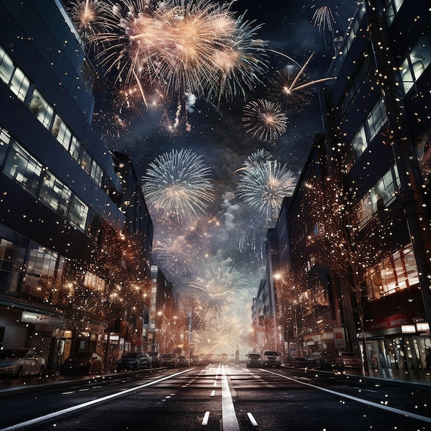 3d rendered photo of new year firework in city