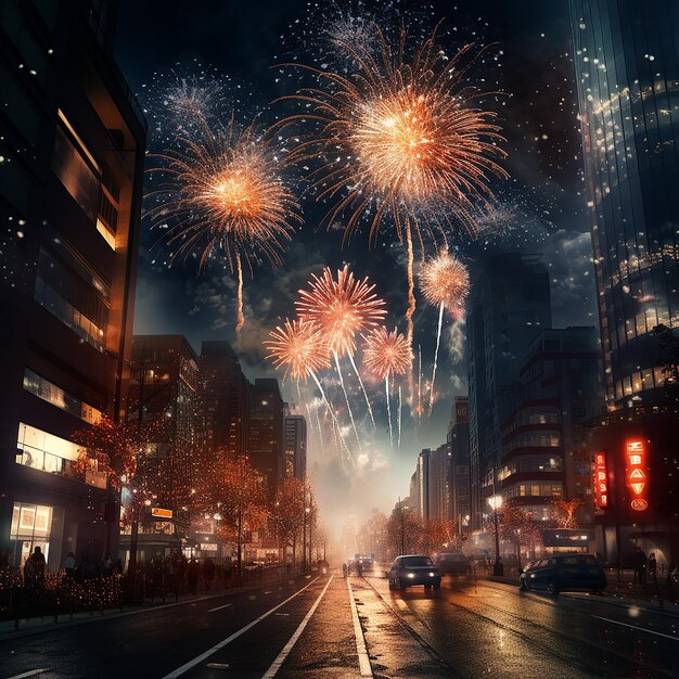 3d rendered photo of new year firework in city