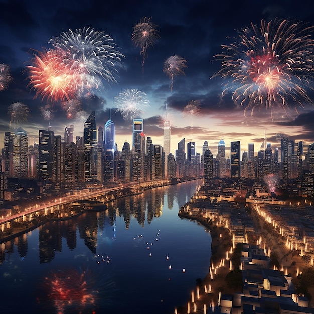 3d rendered photo of new year firework in city