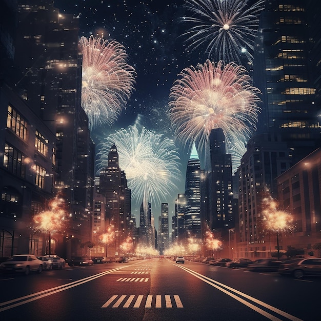 3d rendered photo of new year firework in city