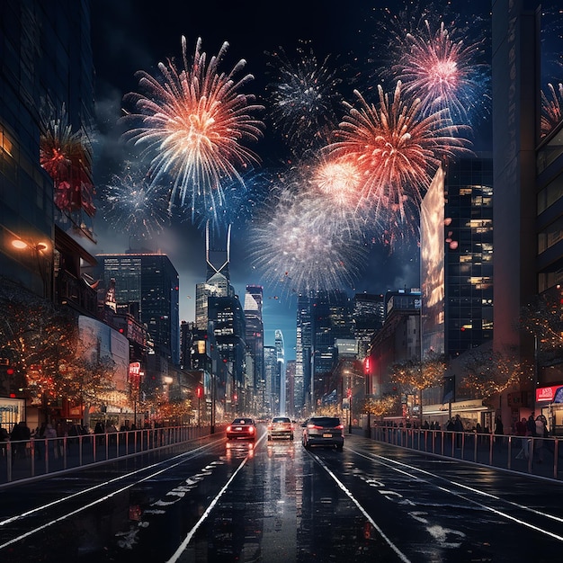 3d rendered photo of new year firework in city