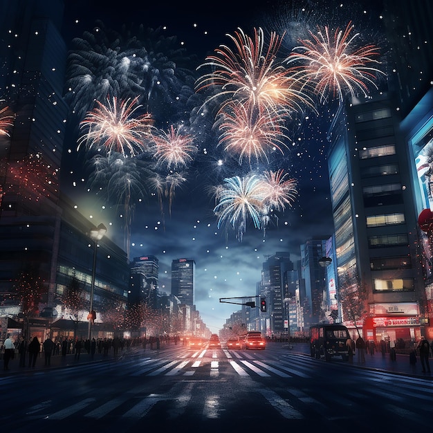 3d rendered photo of new year firework in city