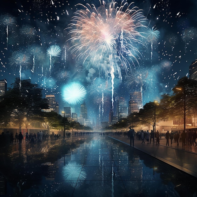 3d rendered photo of new year firework in city