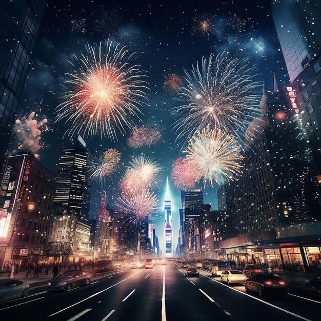 3d rendered photo of new year firework in city