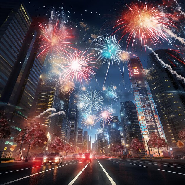 3d rendered photo of new year firework in city