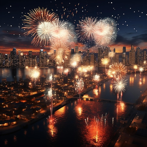 3d rendered photo of new year firework in city