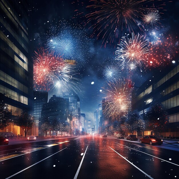 3d rendered photo of new year firework in city