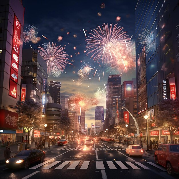 3d rendered photo of new year firework in city