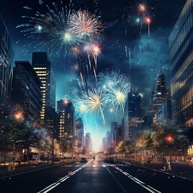 3d rendered photo of new year firework in city