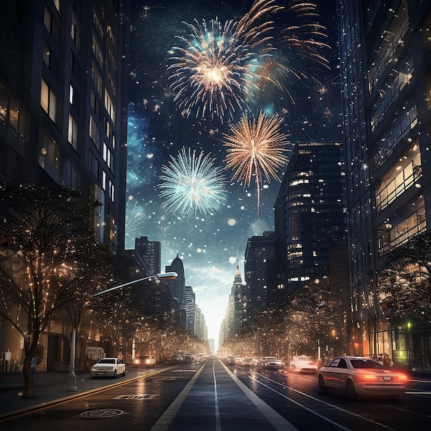 3d rendered photo of new year firework in city