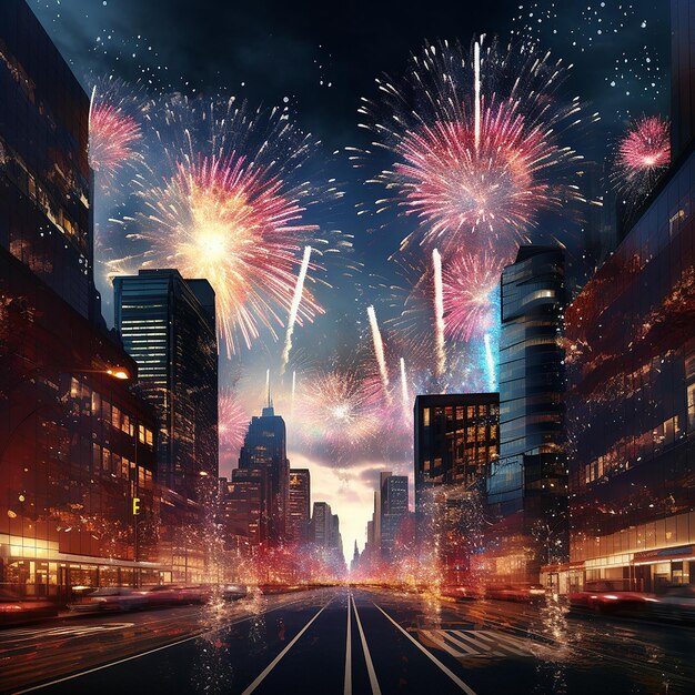 3d rendered photo of new year firework in city