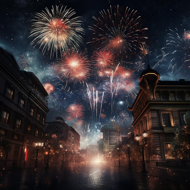 3d rendered photo of new year firework in city