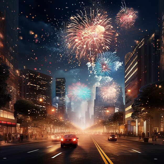 3d rendered photo of new year firework in city