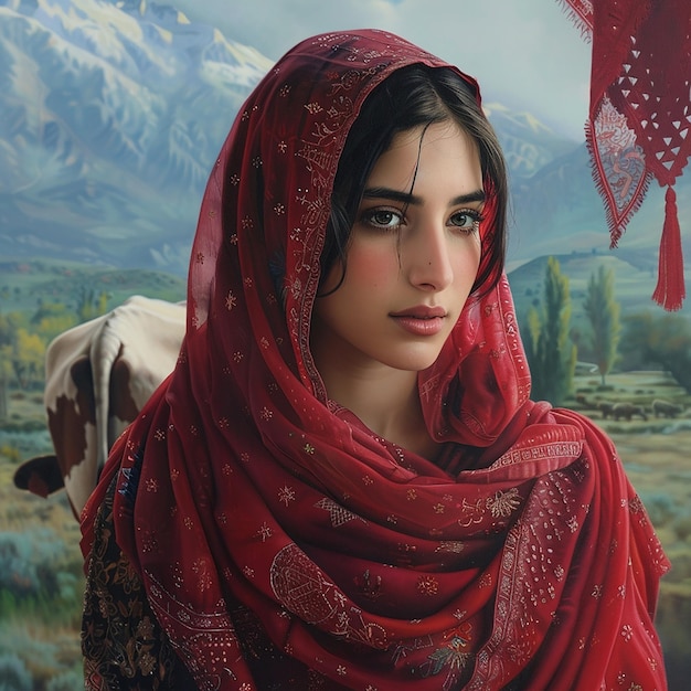 Photo 3d rendered photo of a painting of a woman with a red scarf and a cow in the background