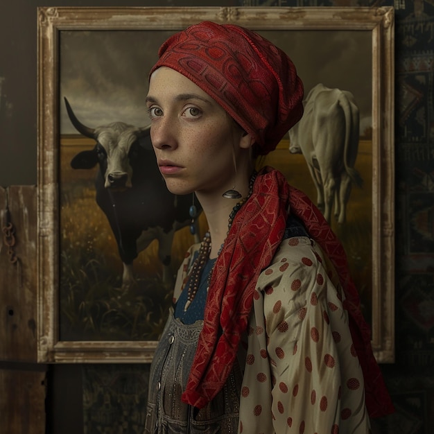 Photo 3d rendered photo of a painting of a woman with a red scarf and a cow in the background