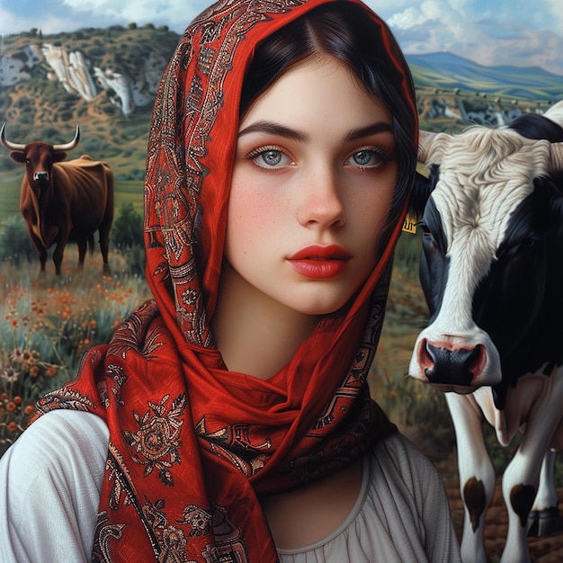 Photo 3d rendered photo of a painting of a woman with a red scarf and a cow in the background