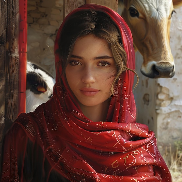 Photo 3d rendered photo of a painting of a woman with a red scarf and a cow in the background