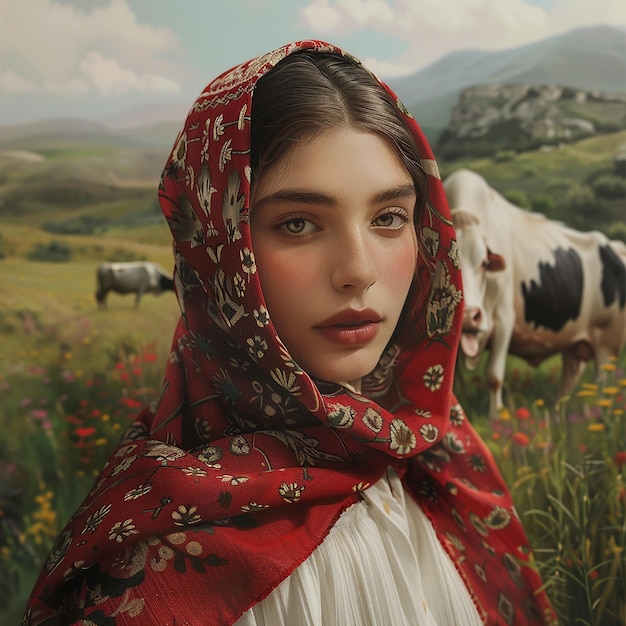 Photo 3d rendered photo of a painting of a woman with a red scarf and a cow in the background