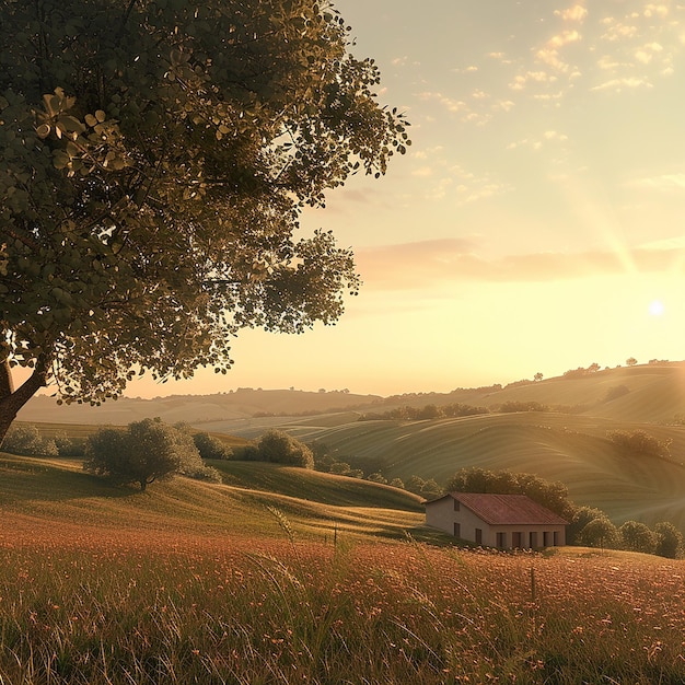 3d rendered photo of a peaceful countryside with rolling hills golden hour light