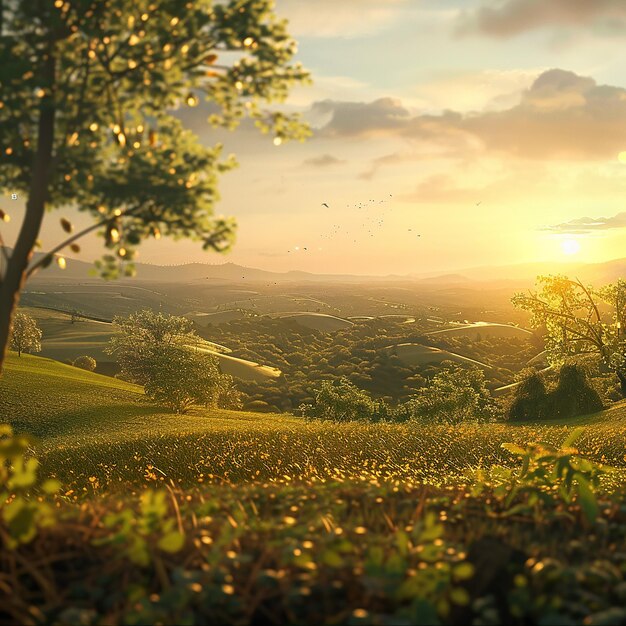 3d rendered photo of a peaceful countryside with rolling hills golden hour light