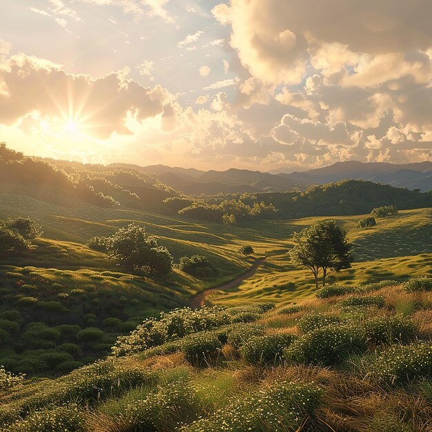 3d rendered photo of a peaceful countryside with rolling hills golden hour light