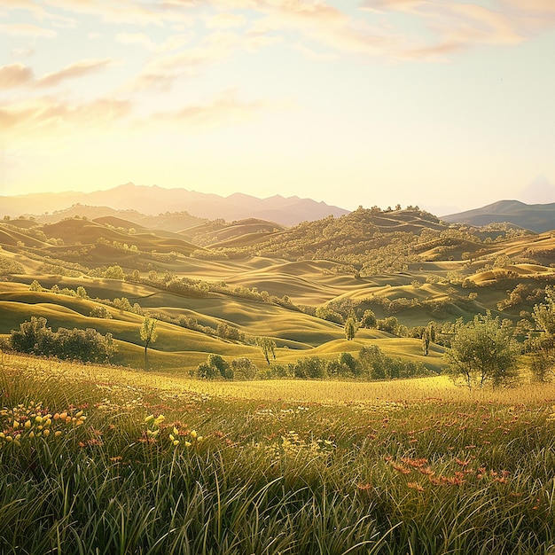 3d rendered photo of a peaceful countryside with rolling hills golden hour light