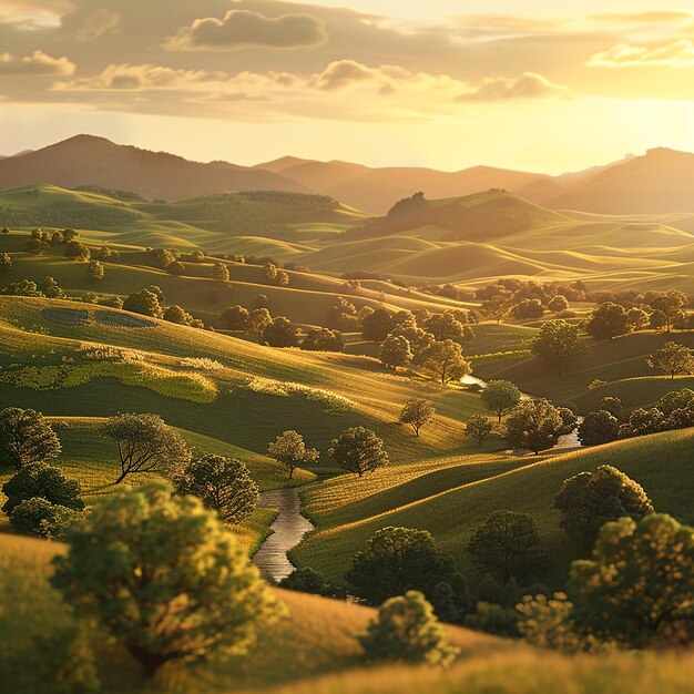 3d rendered photo of a peaceful countryside with rolling hills golden hour light