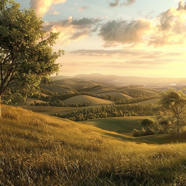 3d rendered photo of a peaceful countryside with rolling hills golden hour light