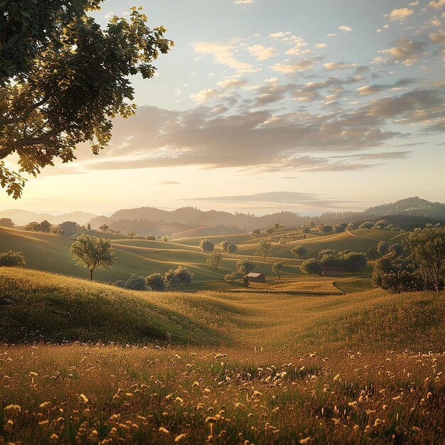 3d rendered photo of a peaceful countryside with rolling hills golden hour light