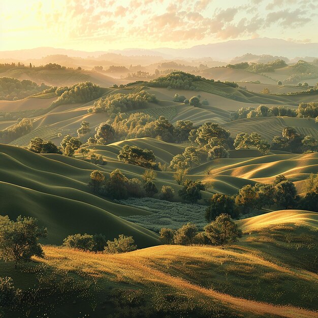 3d rendered photo of a peaceful countryside with rolling hills golden hour light