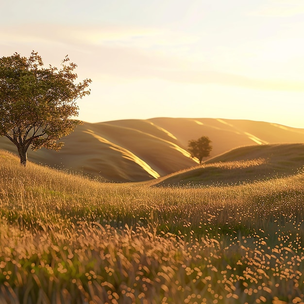 3d rendered photo of a peaceful countryside with rolling hills golden hour light