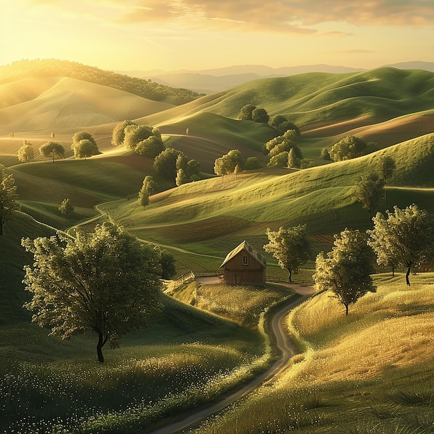 3d rendered photo of a peaceful countryside with rolling hills golden hour light