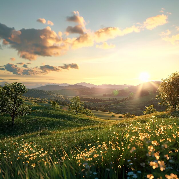 3d rendered photo of a peaceful countryside with rolling hills golden hour light