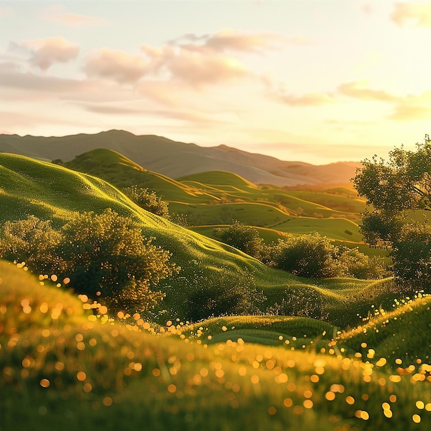 3d rendered photo of a peaceful countryside with rolling hills golden hour light