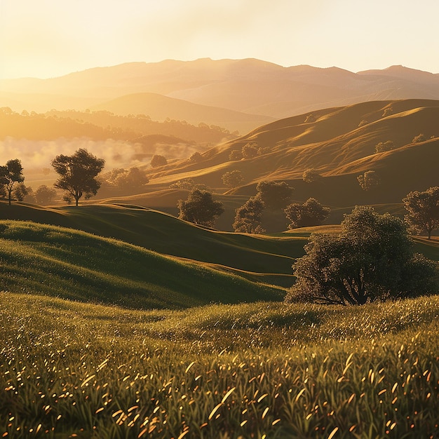 3d rendered photo of a peaceful countryside with rolling hills golden hour light