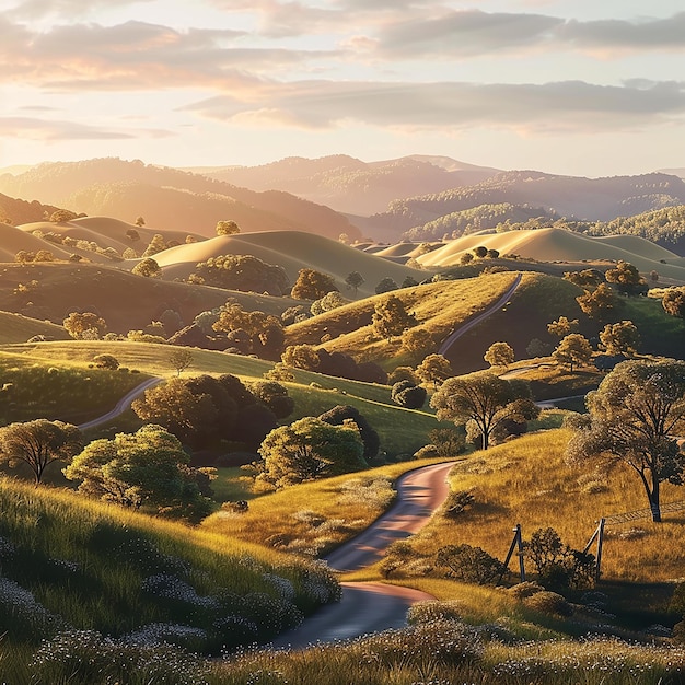 3d rendered photo of a peaceful countryside with rolling hills golden hour light