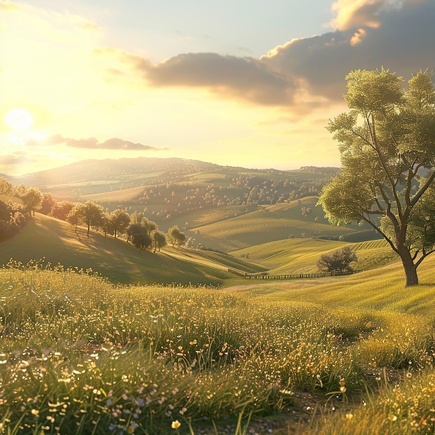 3d rendered photo of a peaceful countryside with rolling hills golden hour light