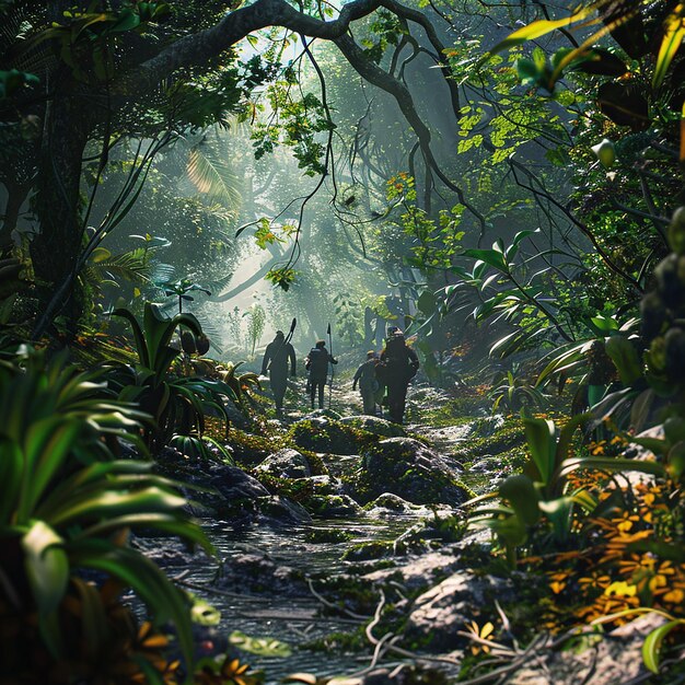 Photo 3d rendered photo of people walking in a jungle