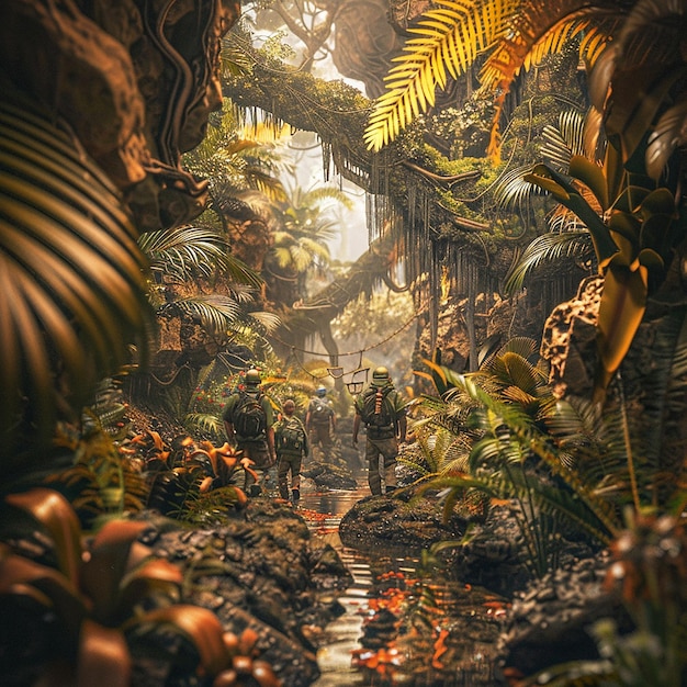 Photo 3d rendered photo of people walking in a jungle