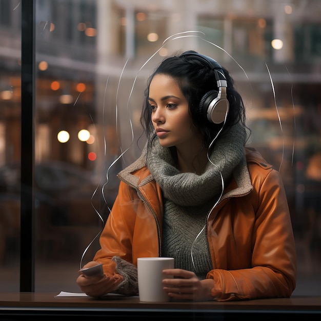 3D RENDERED PHOTO OF Photo of a 24 year girl sitting in a coffee shop near glass wall watching