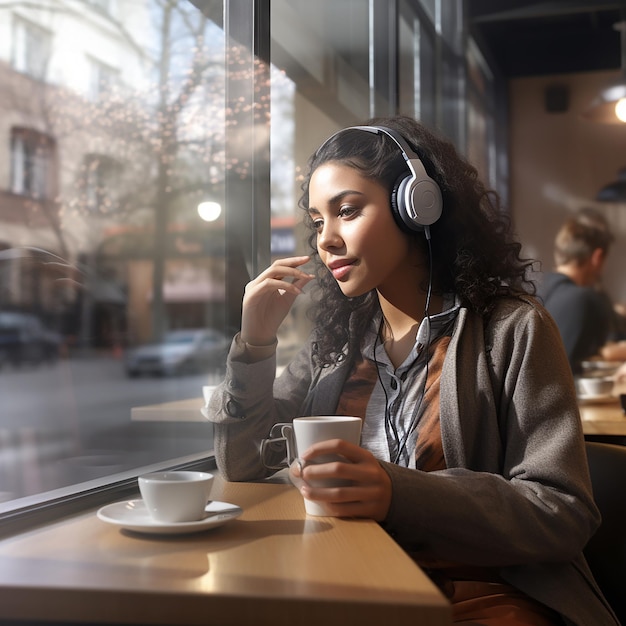 3D RENDERED PHOTO OF Photo of a 24 year girl sitting in a coffee shop near glass wall watching