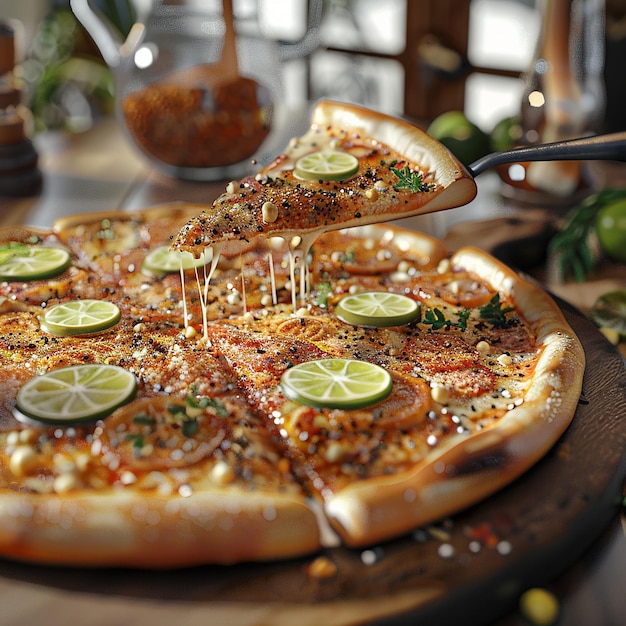 3d rendered photo of a pizza with fresh lime and lime on the top of the glass and putting some spice