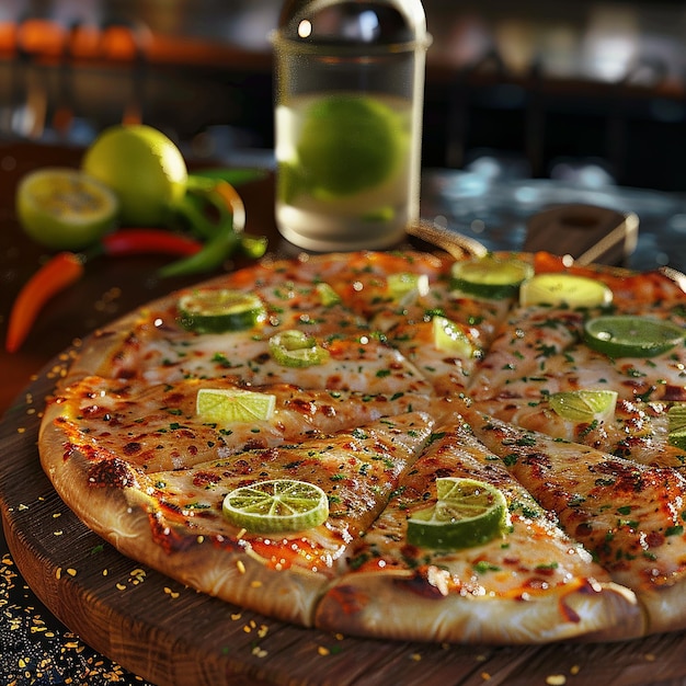 3d rendered photo of a pizza with fresh lime and lime on the top of the glass and putting some spice