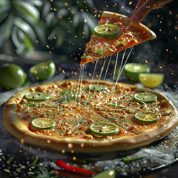 3d rendered photo of a pizza with fresh lime and lime on the top of the glass and putting some spice