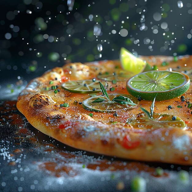 3d rendered photo of a pizza with fresh lime and lime on the top of the glass and putting some spice