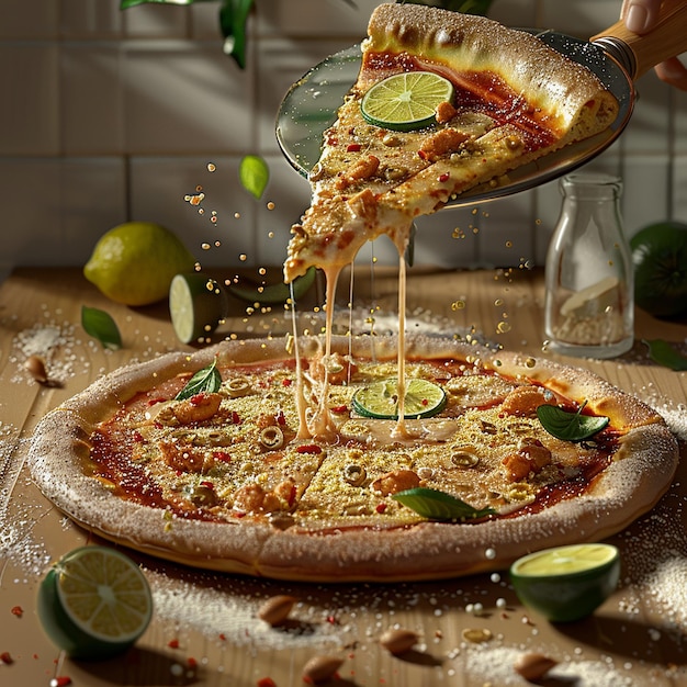 3d rendered photo of a pizza with fresh lime and lime on the top of the glass and putting some spice