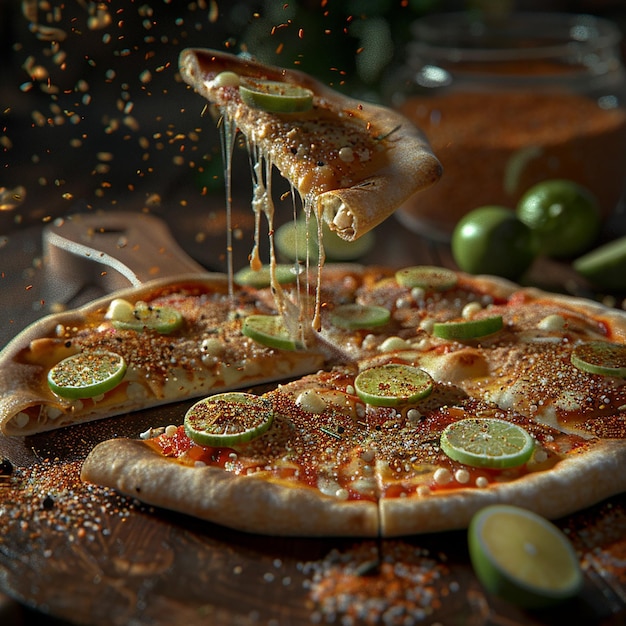 3d rendered photo of a pizza with fresh lime and lime on the top of the glass and putting some spice