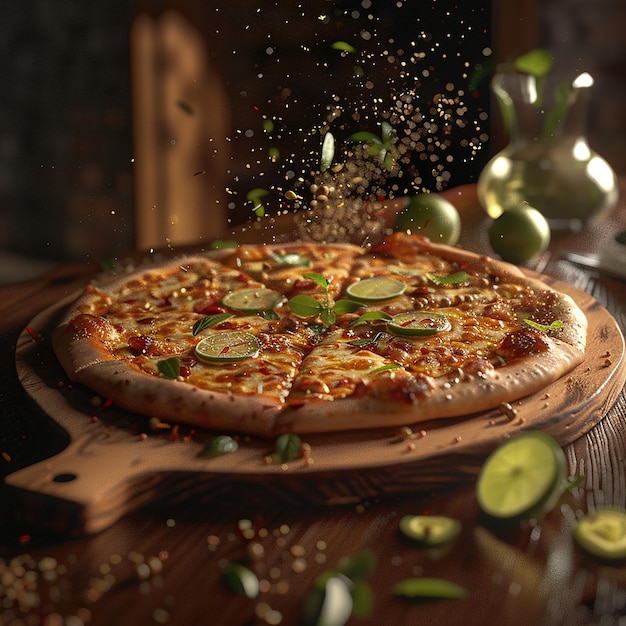 3d rendered photo of a pizza with fresh lime and lime on the top of the glass and putting some spice