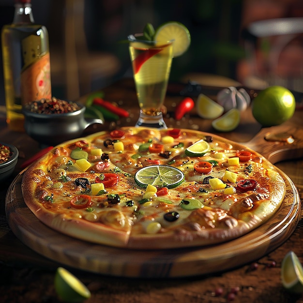 3d rendered photo of a pizza with fresh lime and lime on the top of the glass and putting some spice